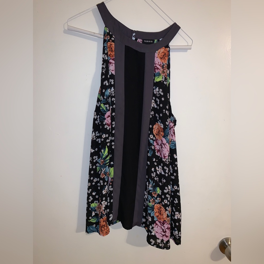 torrid Black Floral Halter Swing Tank with Gray high neck Trim size 1X